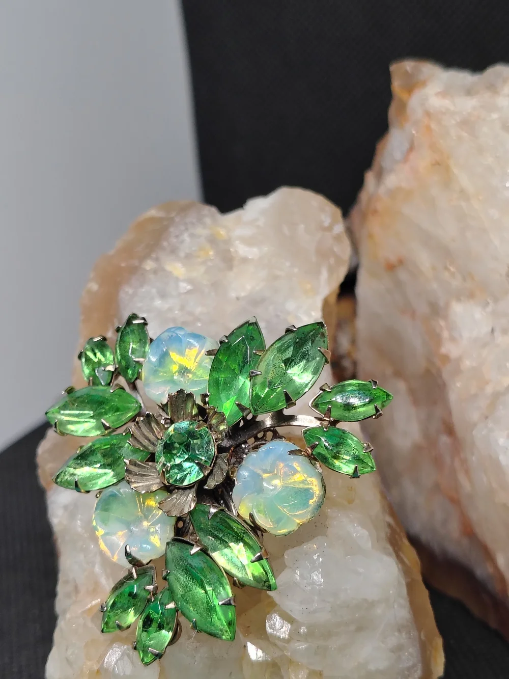 Vintage Floral Green and Opalescent Gold Tone Brooch